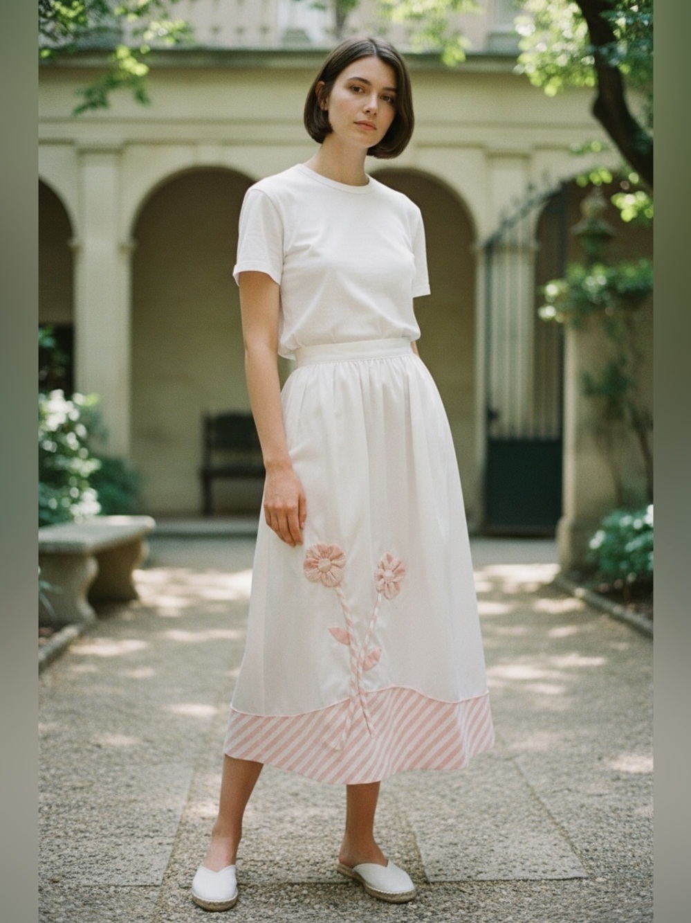 70s CATHERINE CARR COTTON WHITE W PINK FLORAL & STRIPED APPLIQUÉ MIDI SKIRT SZ S